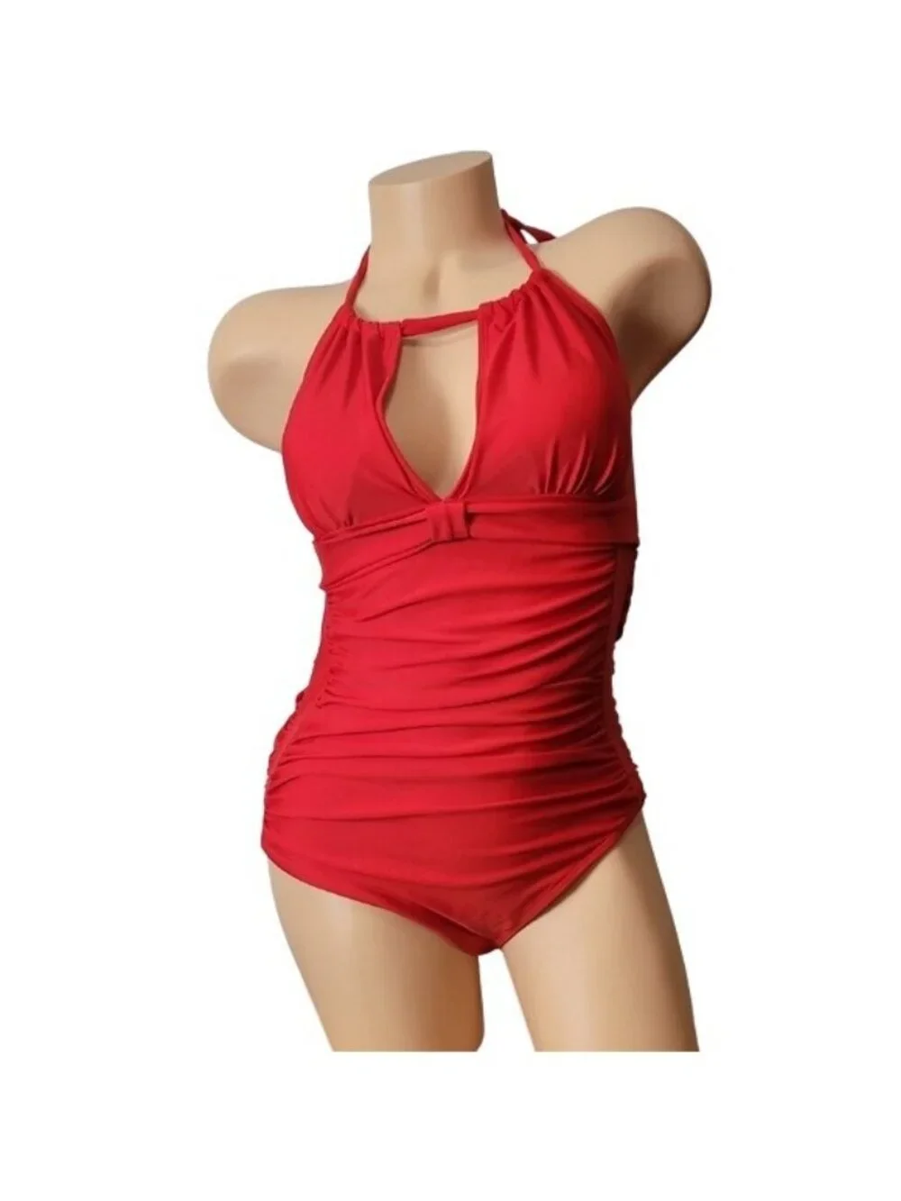 Smismivo Red Halter One-Piece Swimsuit With Ruched Front & Bow Detail - Picture 2 of 16